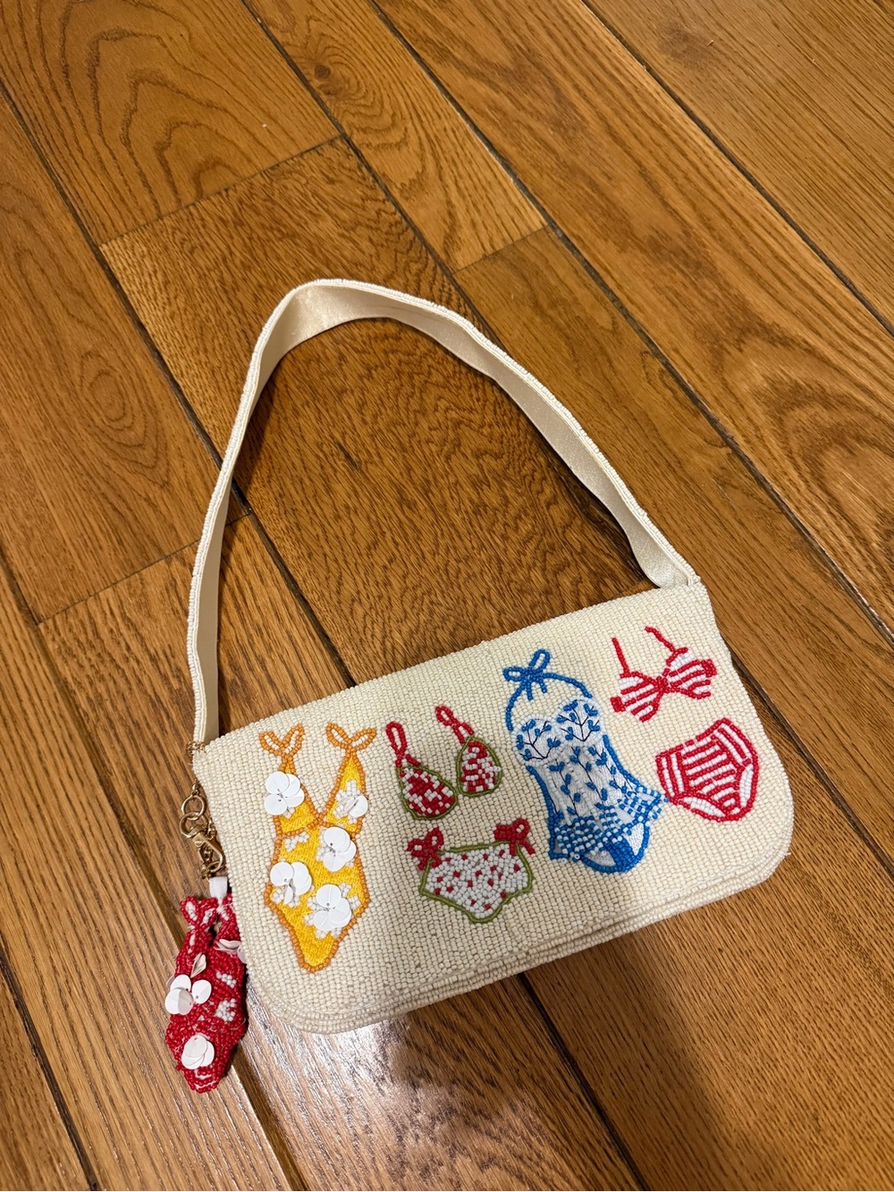 Beaded Ivory Shoulder Bag with Multicolor Bikini Motif